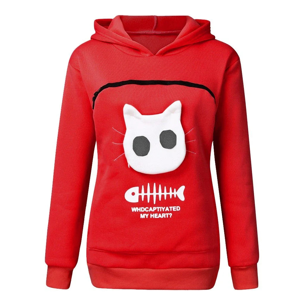 A cozy and stylish women's hooded sweatshirt with a unique cat-themed pocket design, available in a variety of vibrant colors.