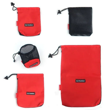 Red 5-piece outdoor travel storage bag set made from Oxford cloth with mesh panels and zipper closures.