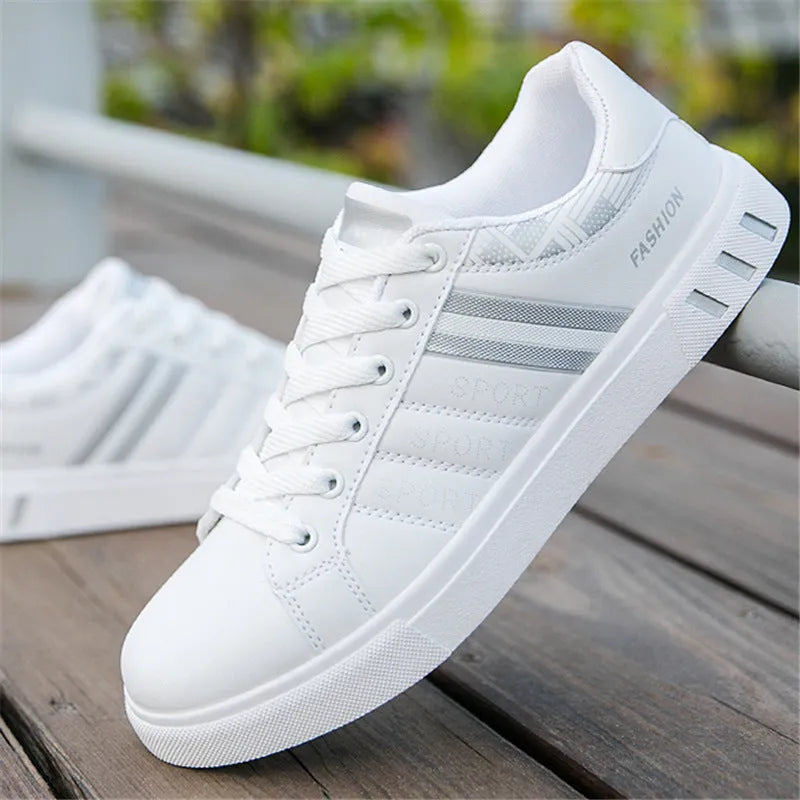 Sports shoes in black, grey, or white colours with European sizing 39-44 and foot length measurements 245-270mm