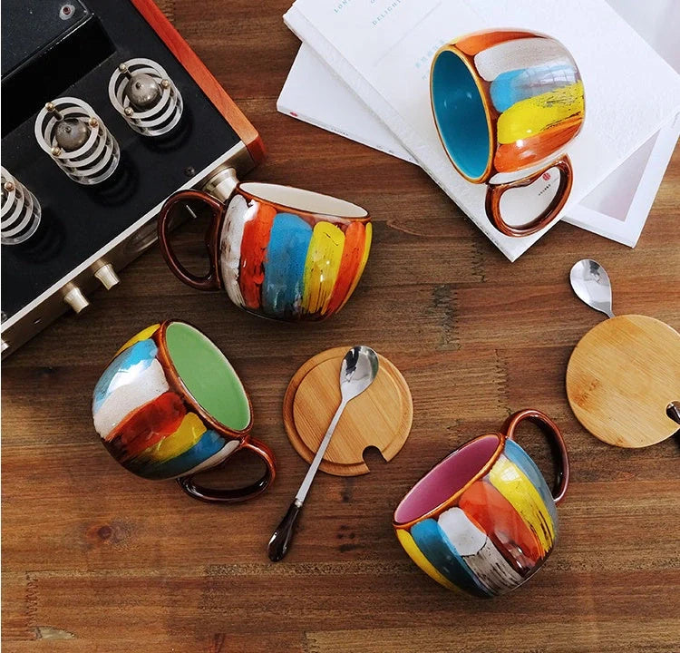 Handmade ceramic coffee mug with lid and spoon in vibrant colors, 350ml capacity
