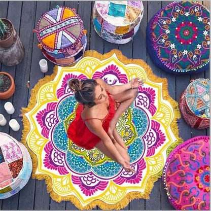 Retro ethnic round yoga mat with tassels, 150cm diameter, made from polyester and polyamide fiber