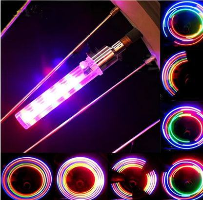 Waterproof bicycle decorative light with 5 LEDs mounted on tyre valve stem showing multicolour illumination