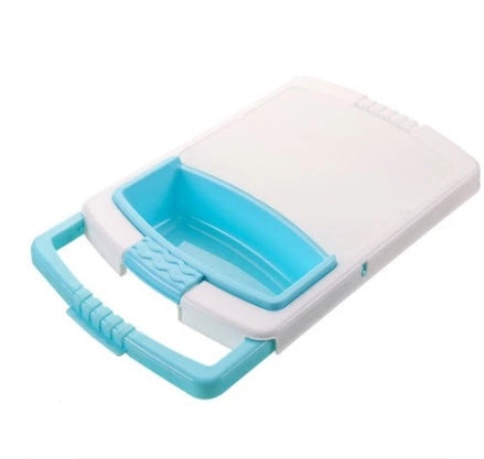 Versatile plastic cutting boards in gray, blue, and green colors with a stacking design for convenient storage