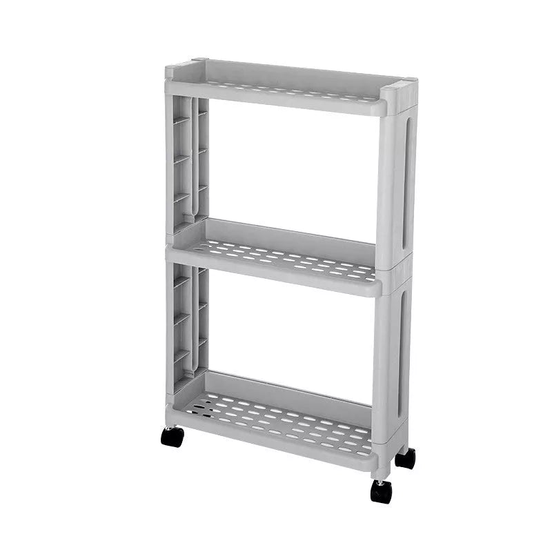 Wheeled kitchen storage rack in white and grey, offering space-saving organization with durable PP plastic construction.