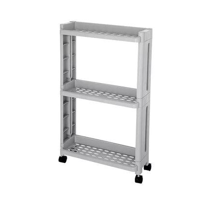 Wheeled kitchen storage rack in white and grey, offering space-saving organization with durable PP plastic construction.