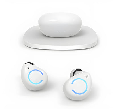 Black and white M18 true wireless in-ear Bluetooth earbuds with charging case.