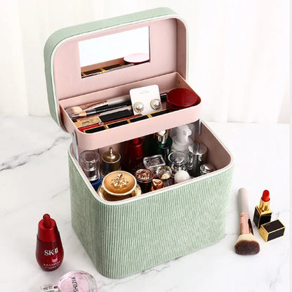 Large corduroy cosmetic storage box with 30-litre capacity in solid colour option with polyester cotton lining