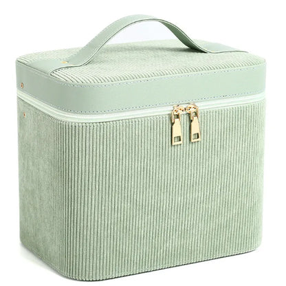 Large corduroy cosmetic storage box with 30-litre capacity in solid colour option with polyester cotton lining