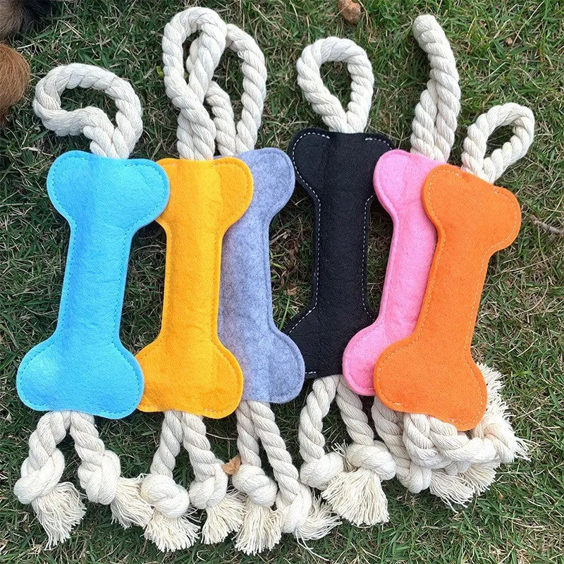 Durable felt bone shaped dog toy with rope knots, in blue colour, for chewing and puzzle play.