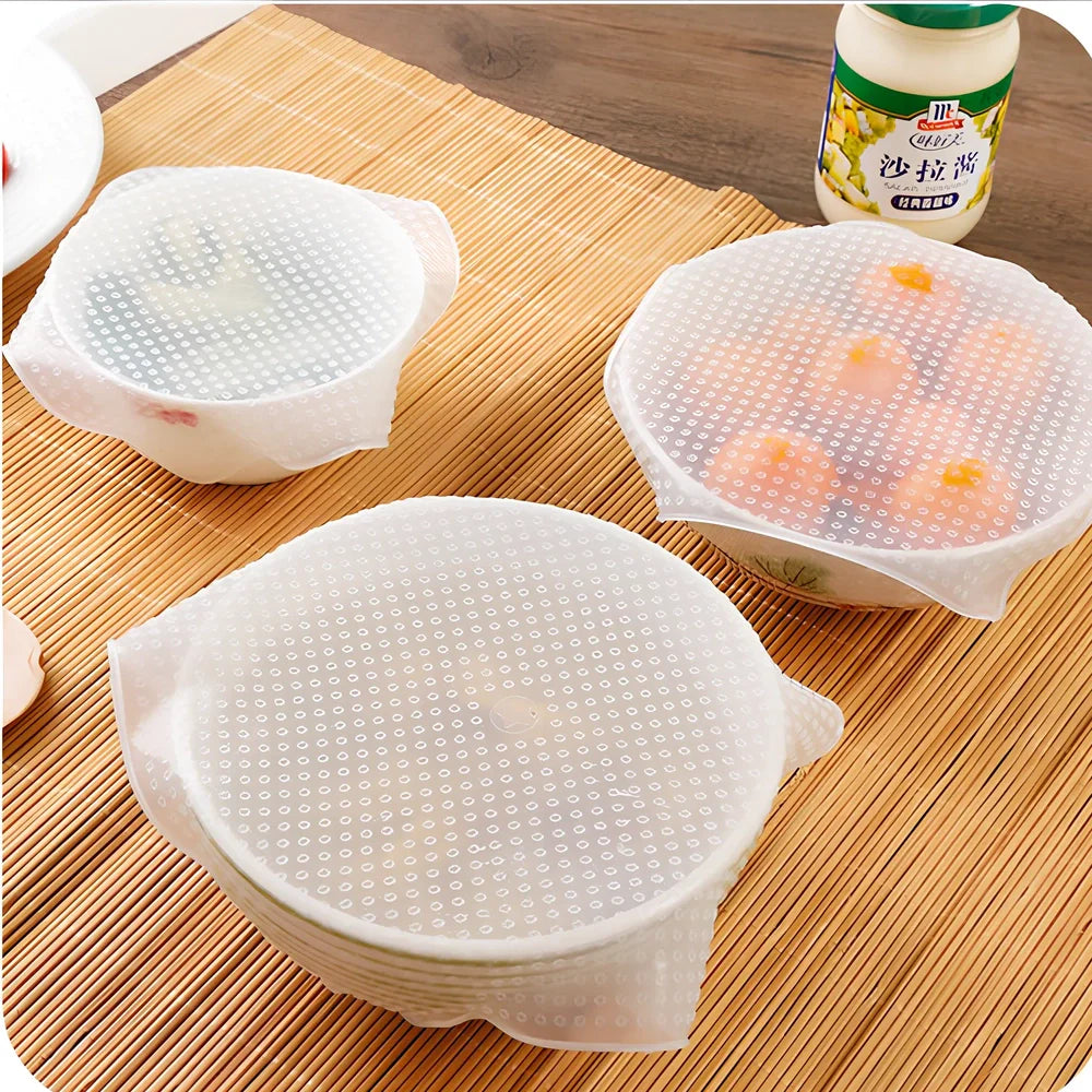 Reusable silicone stretch film covering bowl showing stretch capability and airtight seal