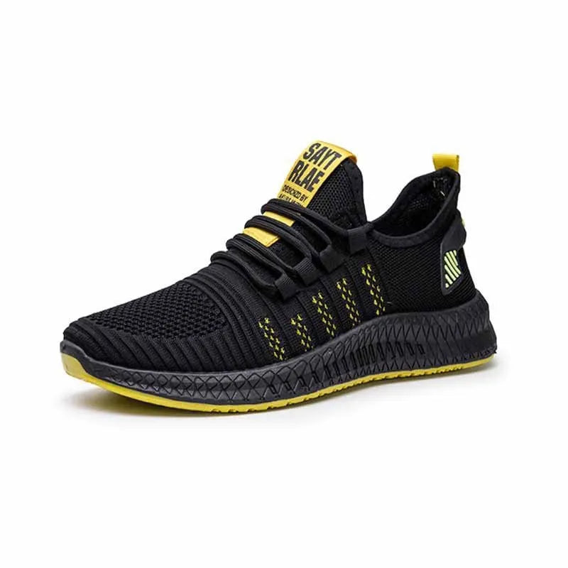 Men's black casual sports shoes with cross-strap detail on a Flying Weave upper and a flat, wear-resistant sole.