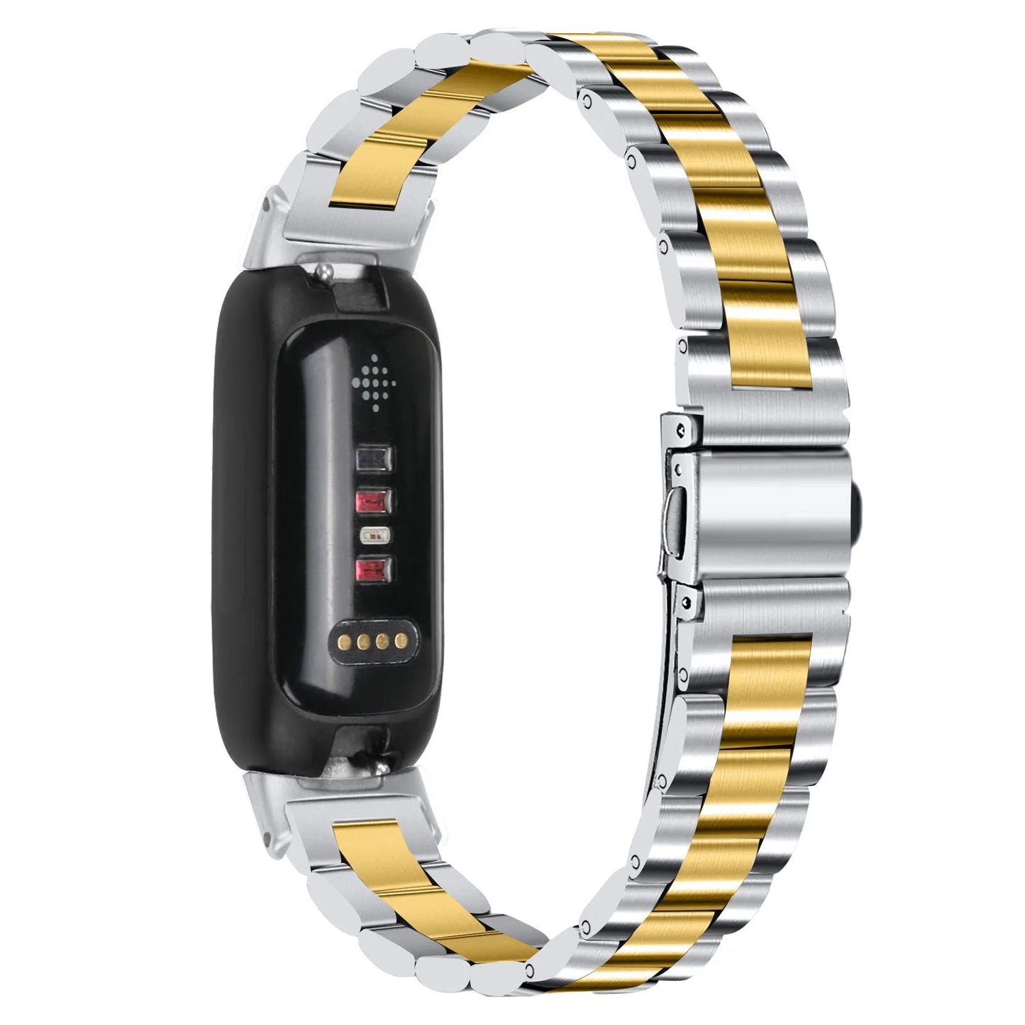 Three-bead stainless steel watch strap for Fitbit Inspire 3 in rose gold on a wrist