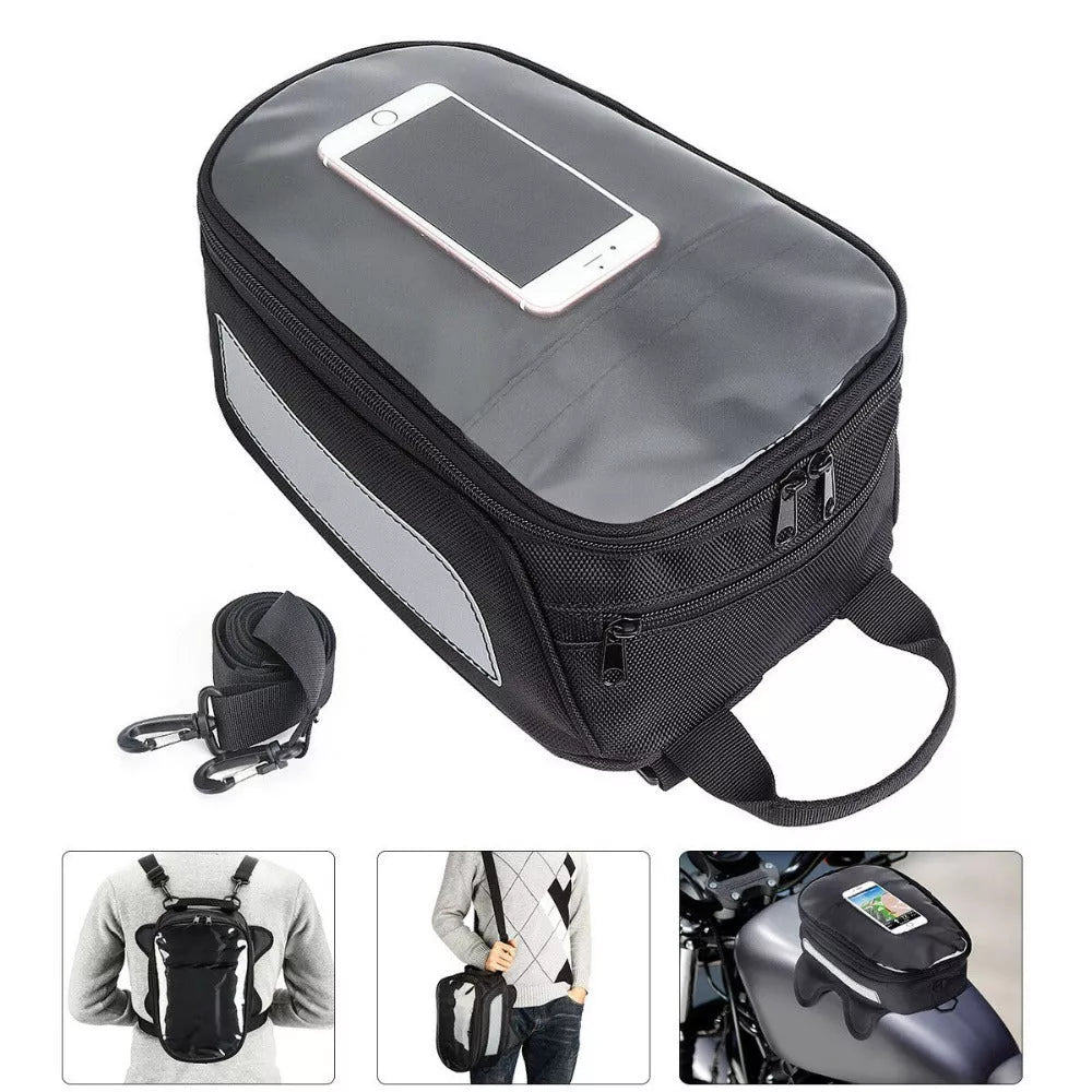 Black waterproof magnetic motorcycle fuel tank bag with reflective safety features