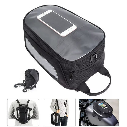 Black waterproof magnetic motorcycle fuel tank bag with reflective safety features