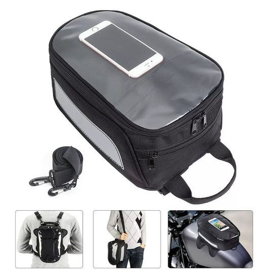 Black waterproof magnetic motorcycle fuel tank bag with reflective safety features