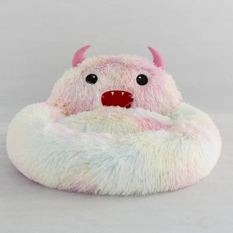 Round plush cat bed with animal embroidery in dark blue, perfect for winter warmth