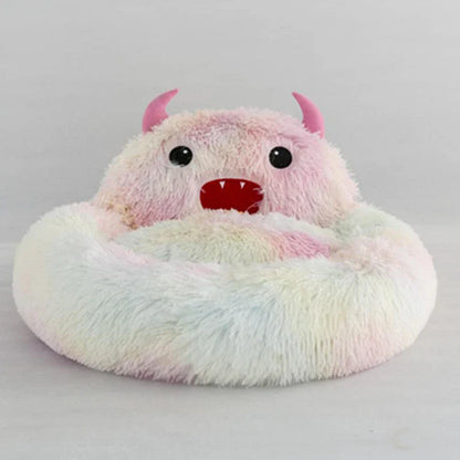 Round plush cat bed with animal embroidery in dark blue, perfect for winter warmth