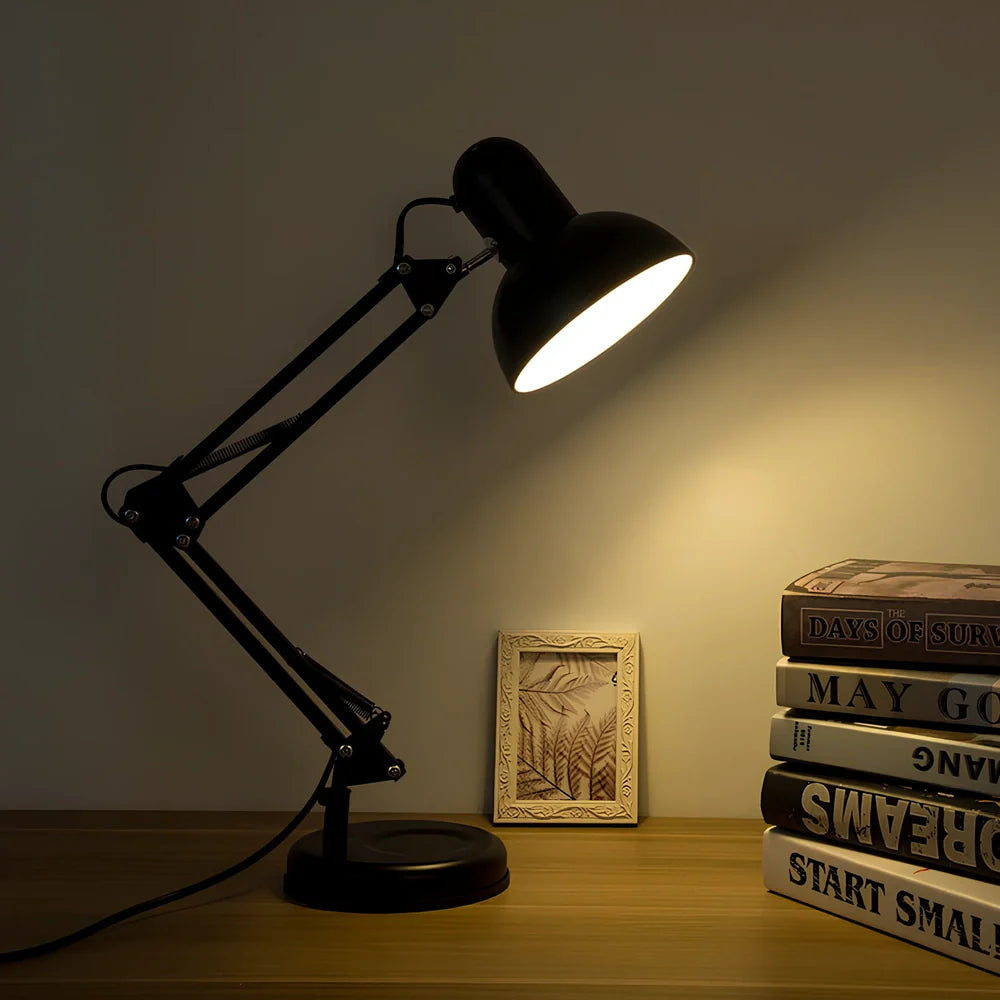 Black iron adjustable swing arm desk lamp with clip base and E27 socket, extended 40cm for workspace lighting