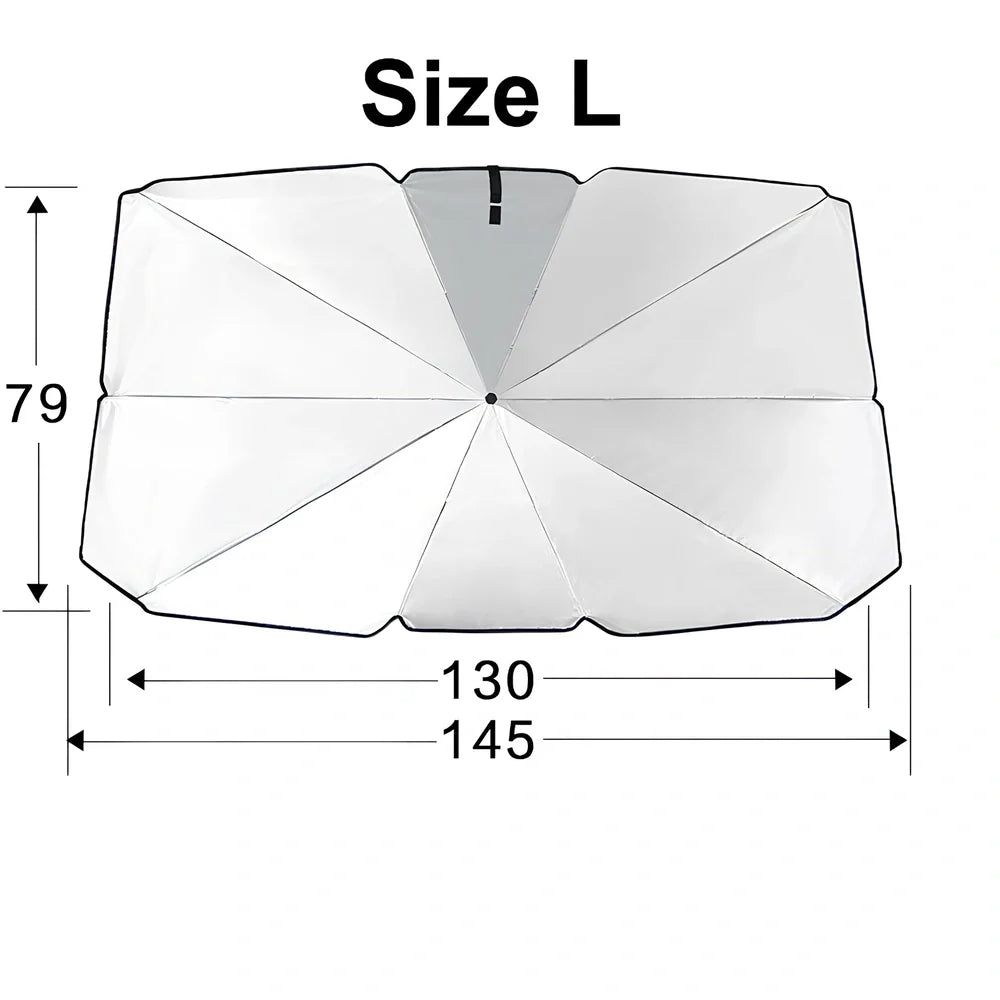 Foldable car windshield sunshade with titanium silver coating and black steel frame in three sizes