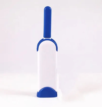 Blue reusable pet hair removal comb with sticky brush and self-cleaning base for sofas.