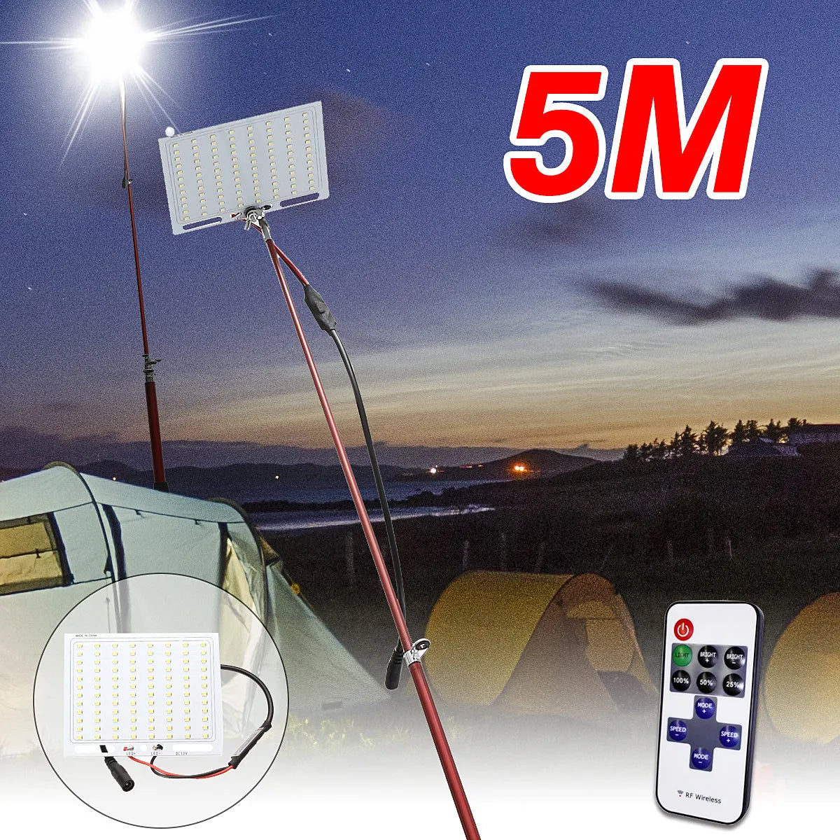 White LED fishing light on a tall telescopic pole, with a 12V battery clip cable and remote controller on grass.