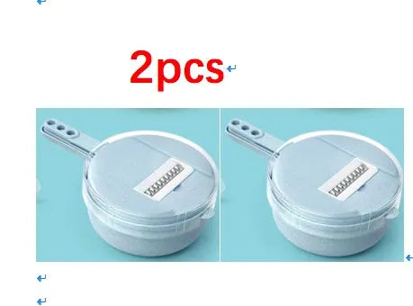 Blue 8-in-1 mandoline slicer set with stainless steel blades, hand guard and kitchen tools