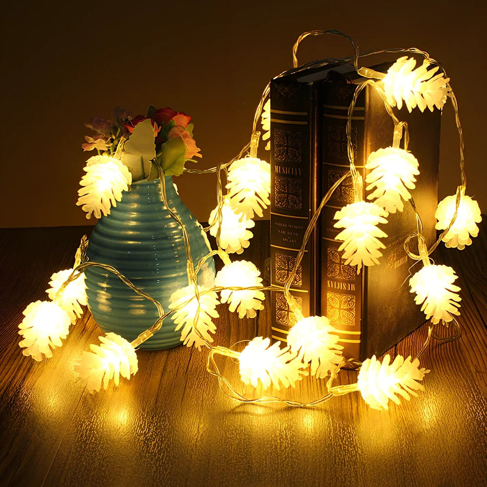 LED pine cone decorative light string with warm white illumination and battery operation