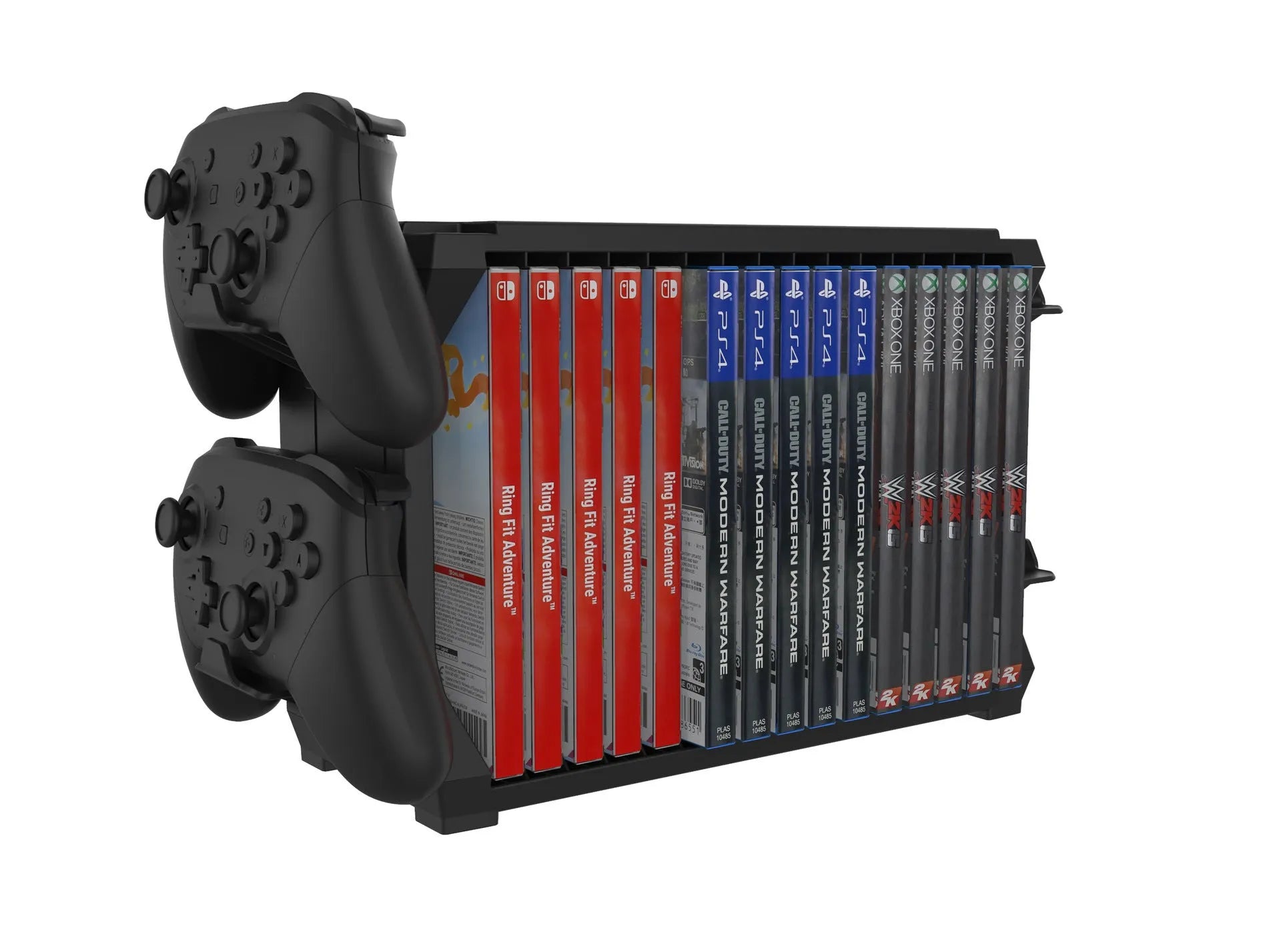 Black PS5 and Xbox Series X disc holder with game cartridge slots and four controller handle storage