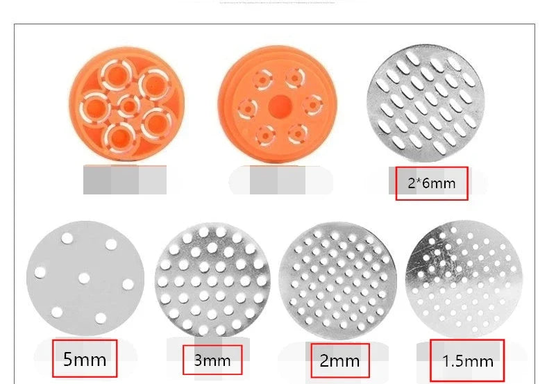 Stainless steel pasta maker with interchangeable noodle molds for creating homemade pasta in various shapes and sizes