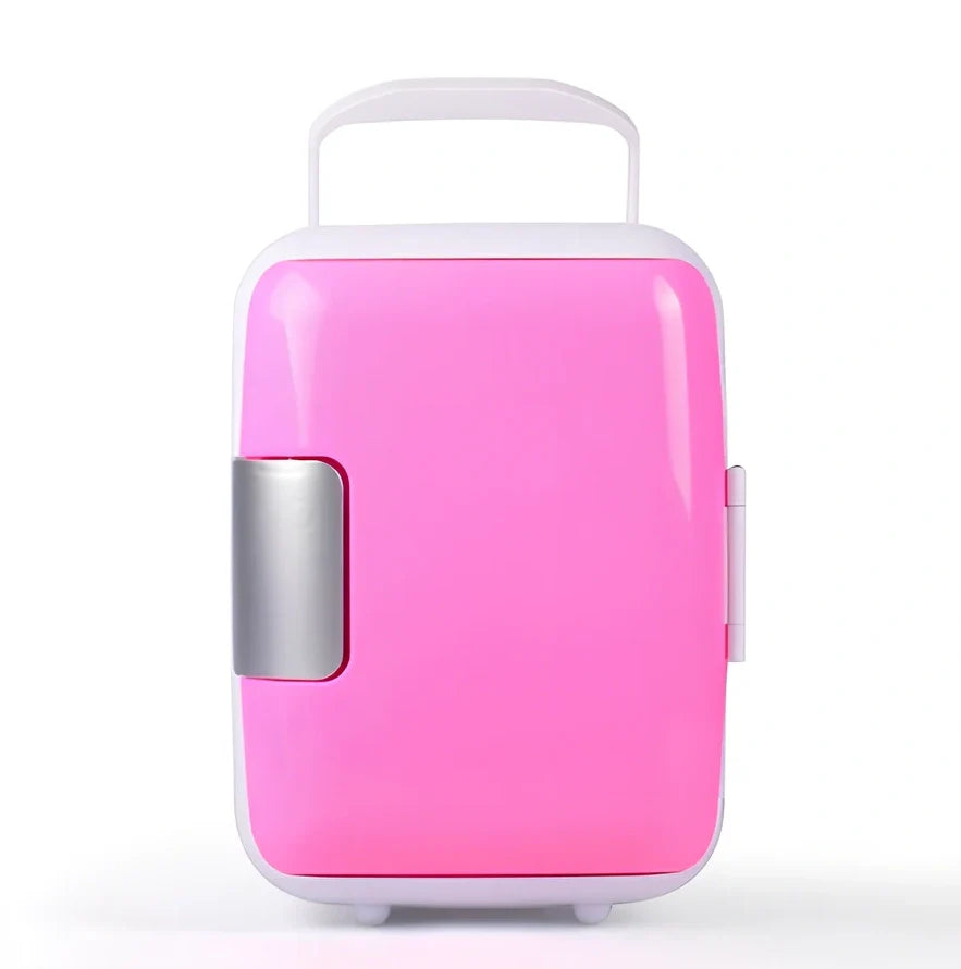 Blue 4L car refrigerator with handle showing dimensions and cigarette lighter plug