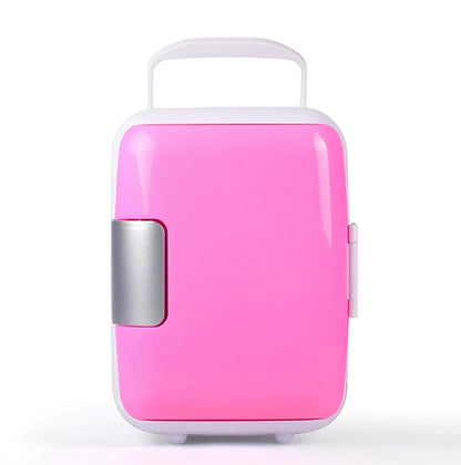 Blue 4L car refrigerator with handle showing dimensions and cigarette lighter plug