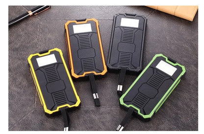 Orange portable solar power bank with USB port and solar panel, showing dimensions of 161x79x17mm.
