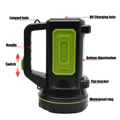 Green rechargeable LED flashlight with 500m beam range and USB charging port