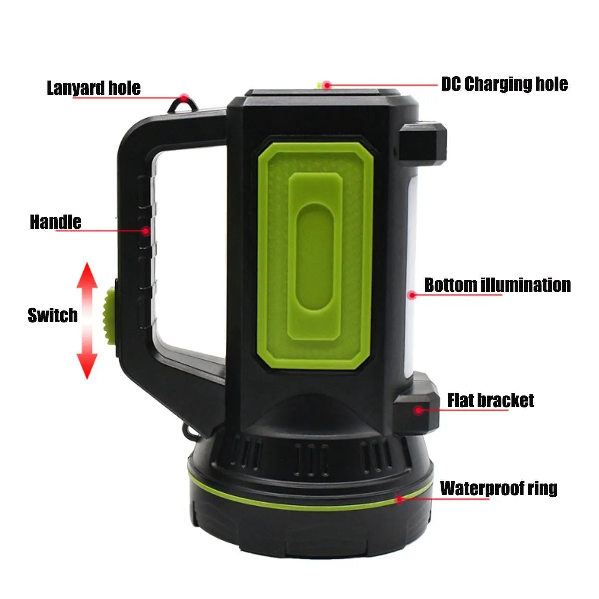 Green rechargeable LED flashlight with 500m beam range and 6000mAh battery for 10-hour runtime
