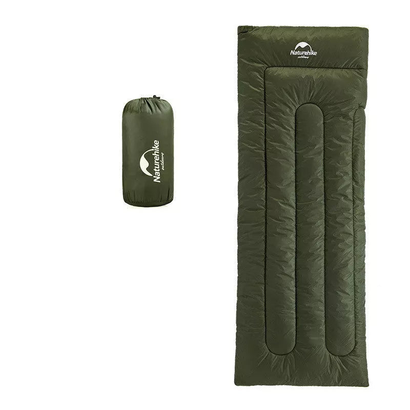 Lightweight camping sleeping bag in navy blue and army green with hollow cotton filling