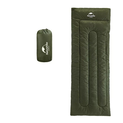 Lightweight camping sleeping bag in navy blue and army green with hollow cotton filling