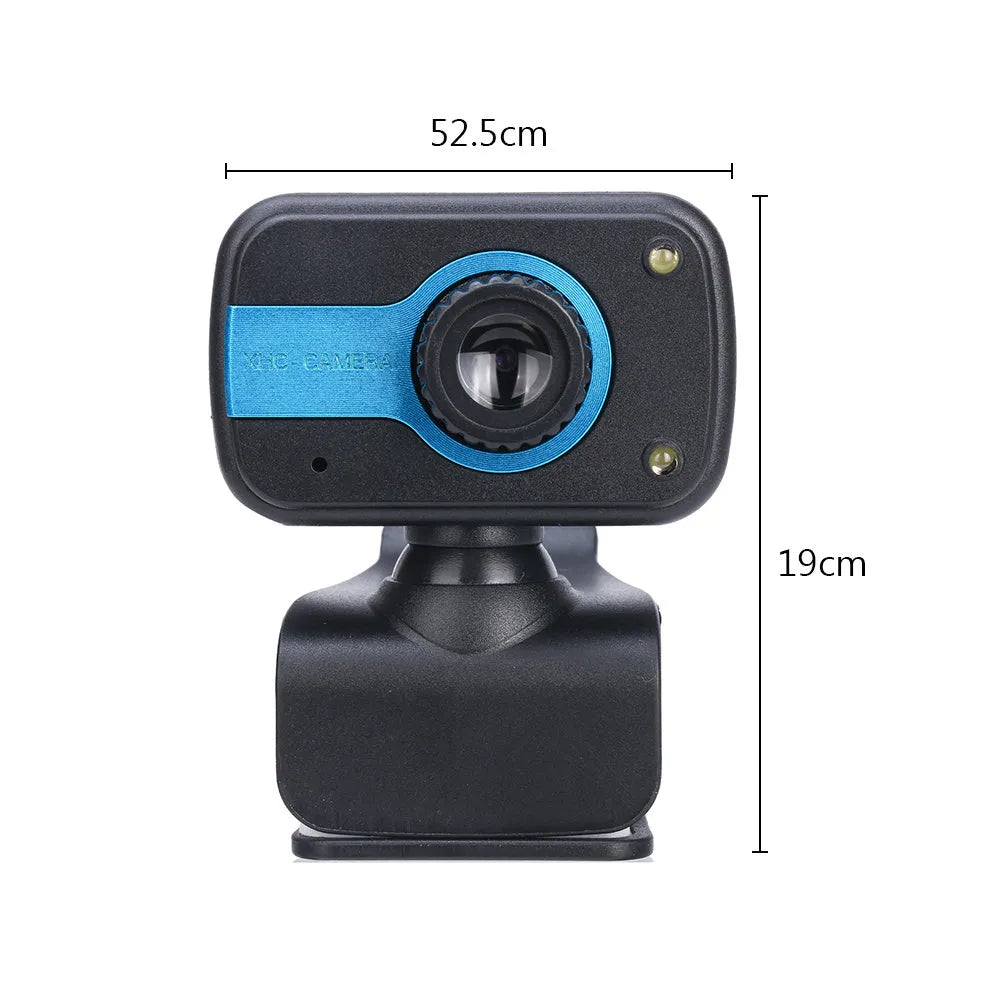 Blue, red, or white mini USB webcam on a stand with a 360-degree rotating head and manual focus adjustment.