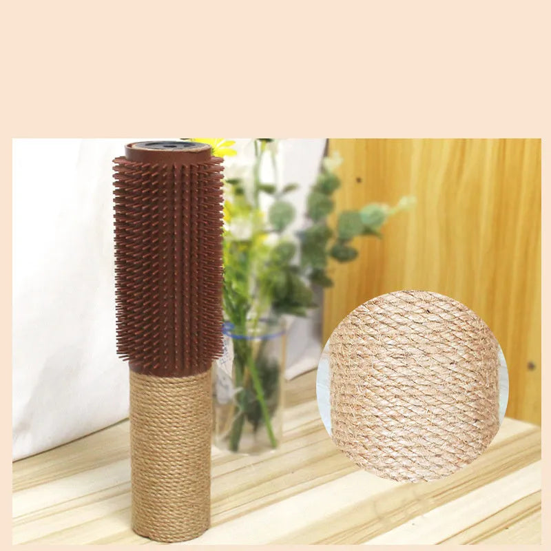 A brown sisal rope scratching post for cats on a wooden base, showing its height and texture.