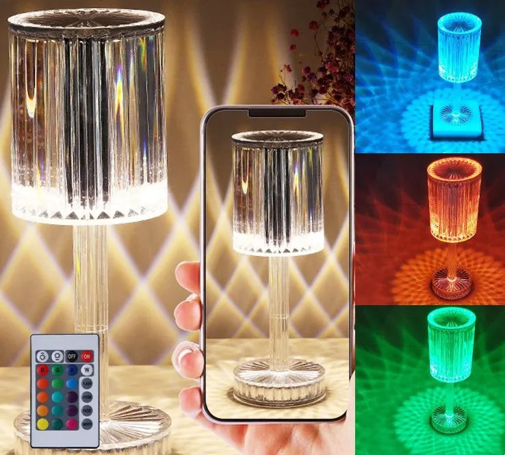 Crystal table lamp with K9 crystal shade and touch dimmable LED lighting on wooden table