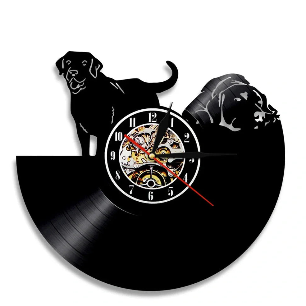 30cm vinyl record wall clock with dog breed designs, silent quartz movement, and pre-installed hook