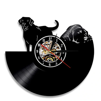30cm vinyl record wall clock with dog breed designs, silent quartz movement, and pre-installed hook