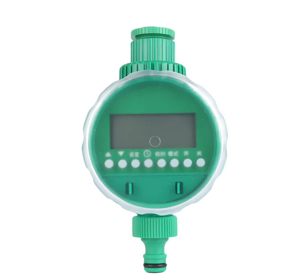 Green home garden irrigation controller with LCD display showing watering schedule and time