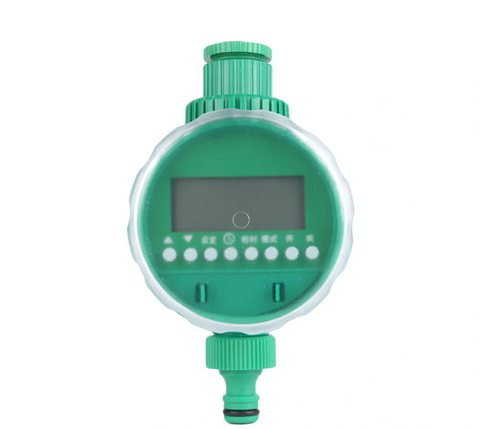 Green home garden irrigation controller with LCD display showing watering schedule and time