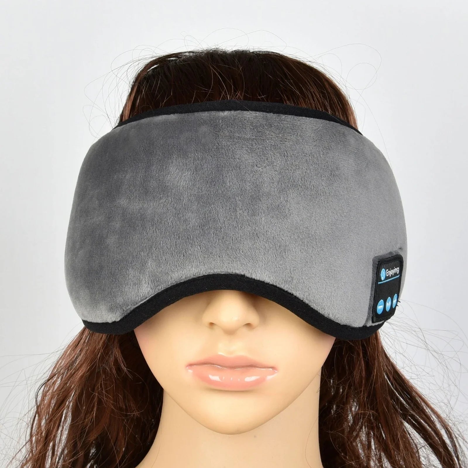 Black contoured eye mask with adjustable straps showing measurements of 20cm width and 10cm height