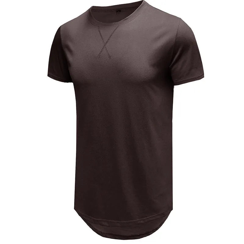 Men's slim fit cotton hip hop t-shirt in khaki colour, short sleeved, laid flat.