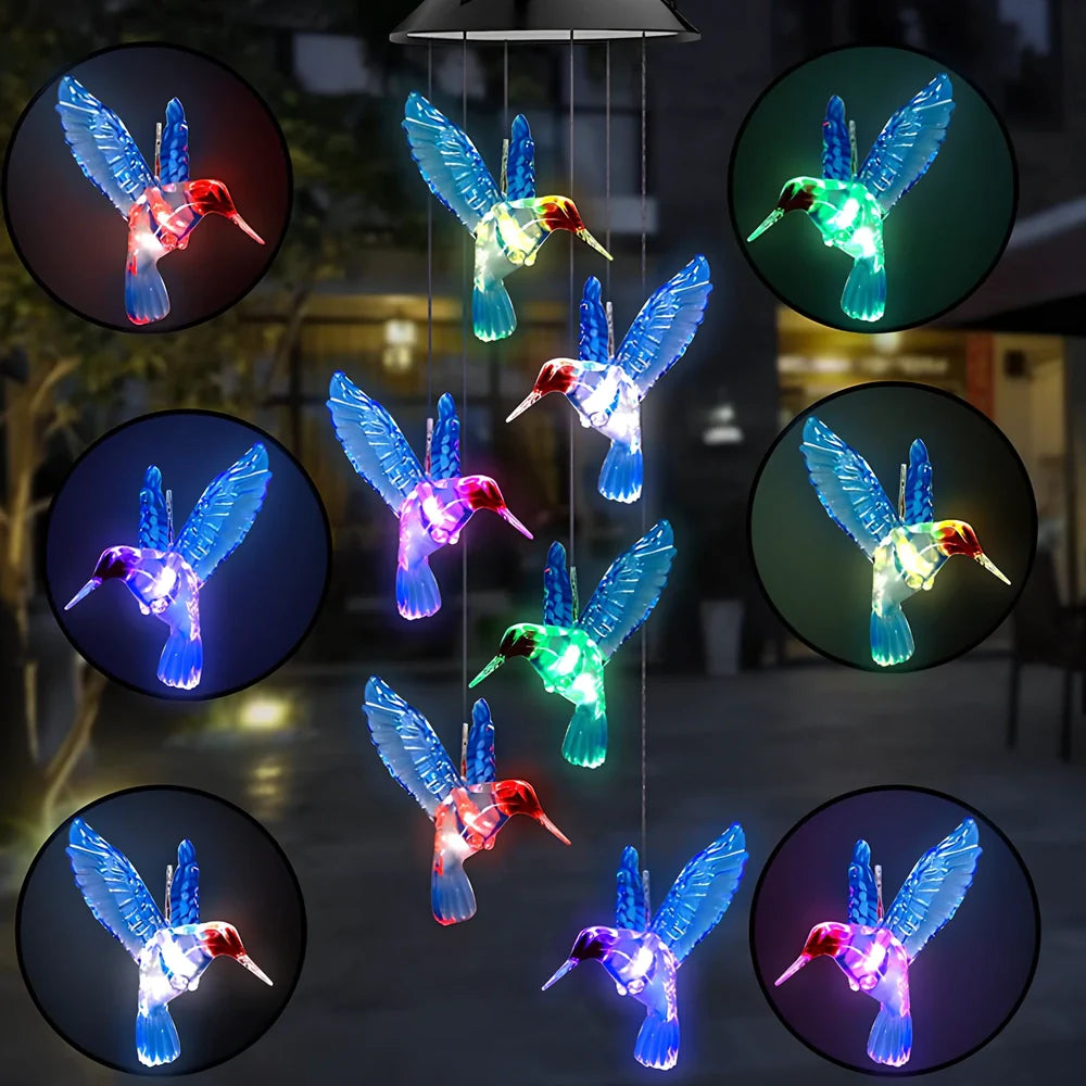 Solar-powered wind chime garden lamp with hummingbird design, automatic day-night operation, waterproof construction