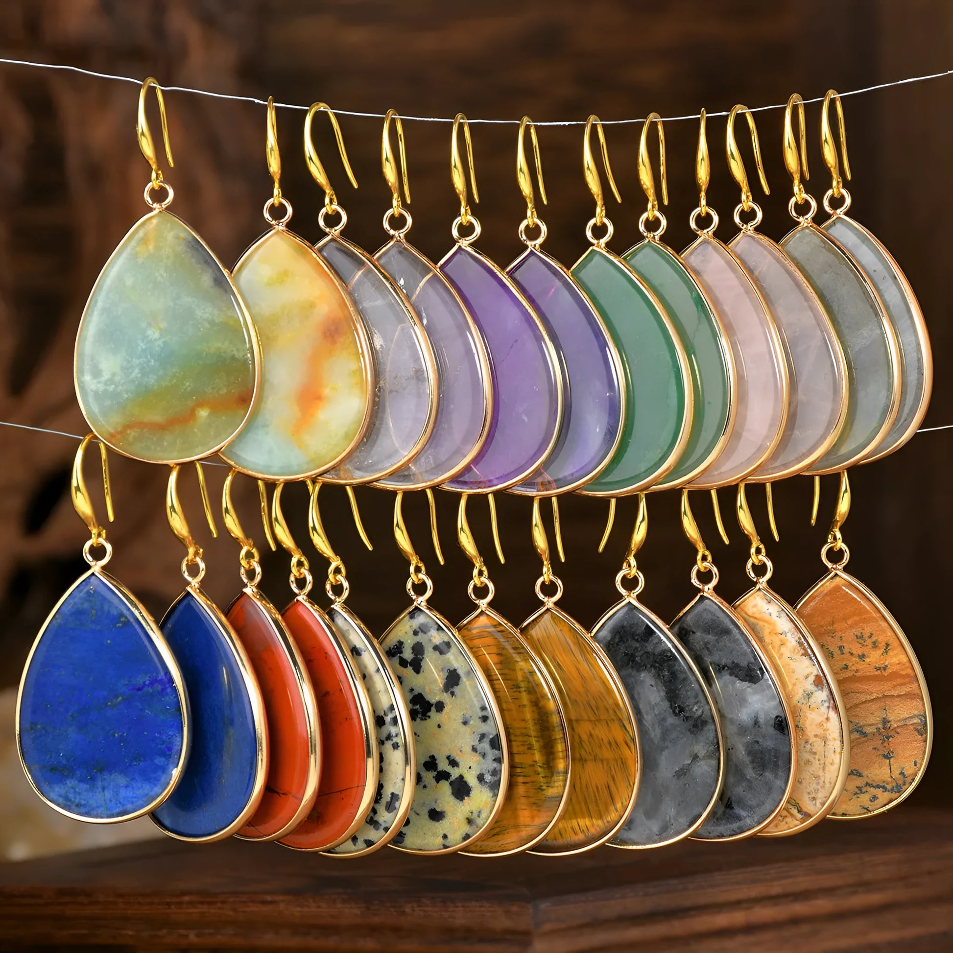 Women's retro natural stone drop earrings showing amethyst and green aventurine colour options on electroplated settings.