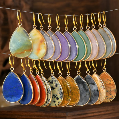 Women's retro natural stone drop earrings showing amethyst and green aventurine colour options on electroplated settings.
