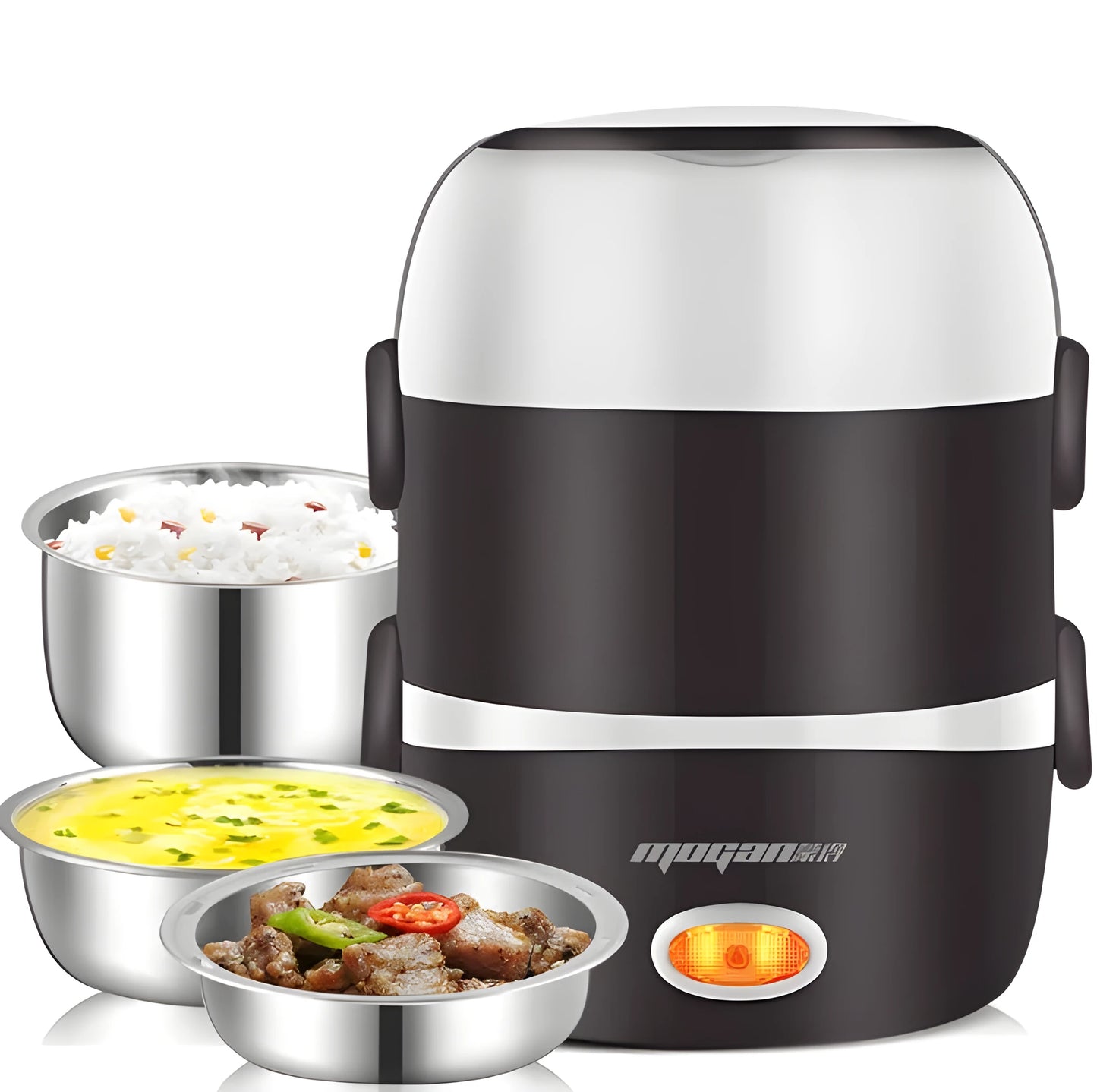 White rice cooker with stainless steel inner pot showing control panel with cook and warm settings