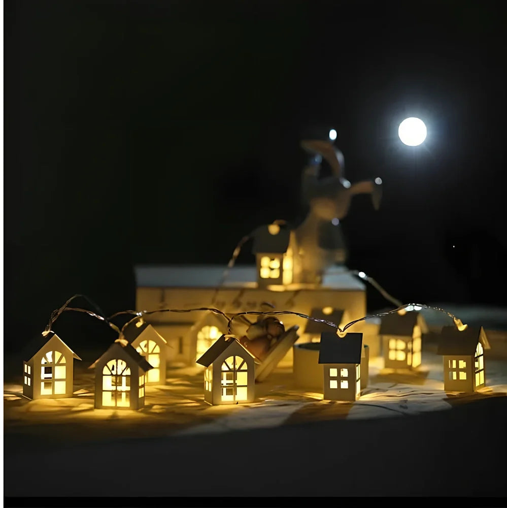 LED fairy light string with 10 wooden house designs on 2-metre cord for Christmas decoration